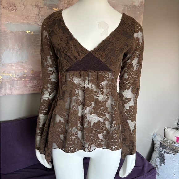 Y2K Costa Blanca‎ Brown Lace V-Neck Top with Long Sleeves and Flair Bottom Sm - Picture 7 of 9